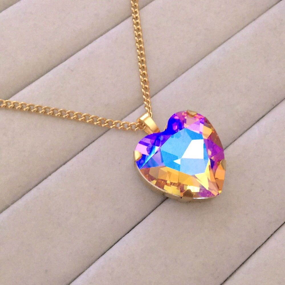 Iridescent Topaz Pink Rose Aurora Borealis + Gold Crystal Heart Drop Necklace - Picture 6 of 8